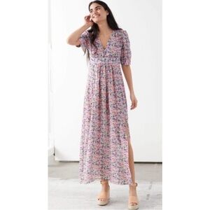 & Other Stories Pink Floral Printed Maxi dress Side Slit v neck short sleeve 12